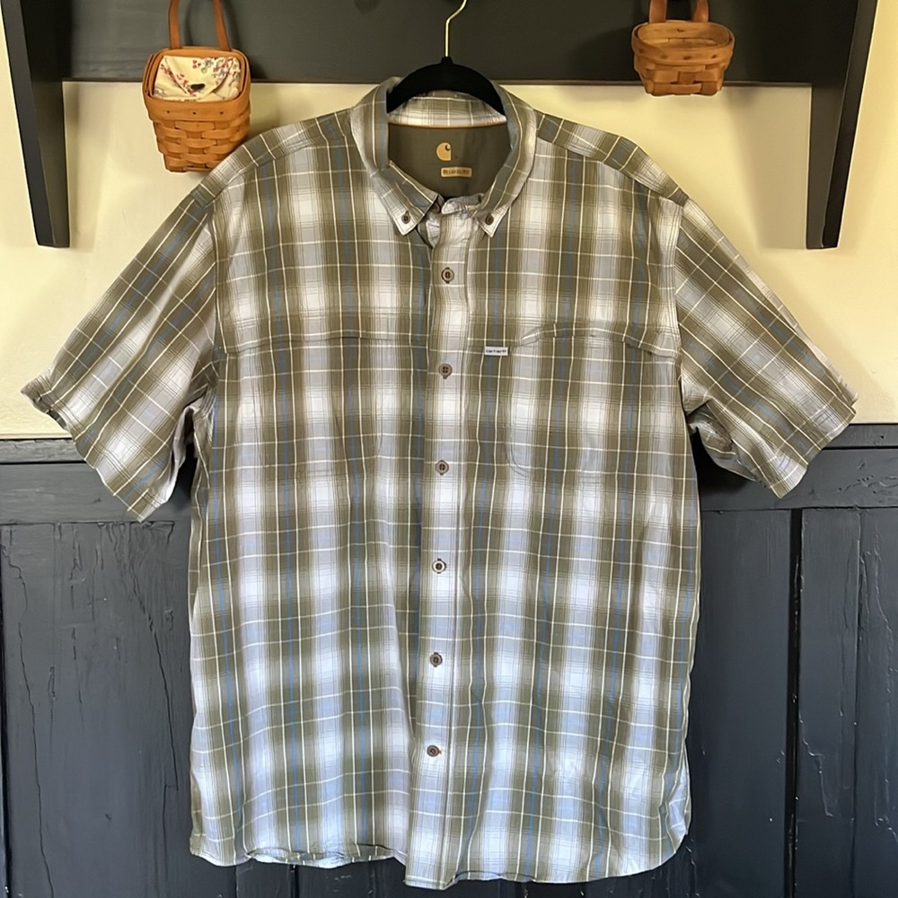 Carhartt Relaxed Fit Plaid Shirt XL olive white blue short sleeve vented EUC